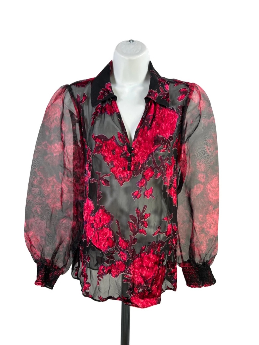 Deb Black Semi-Sheer Blouse with Red Floral Burnout - Short Sleeve